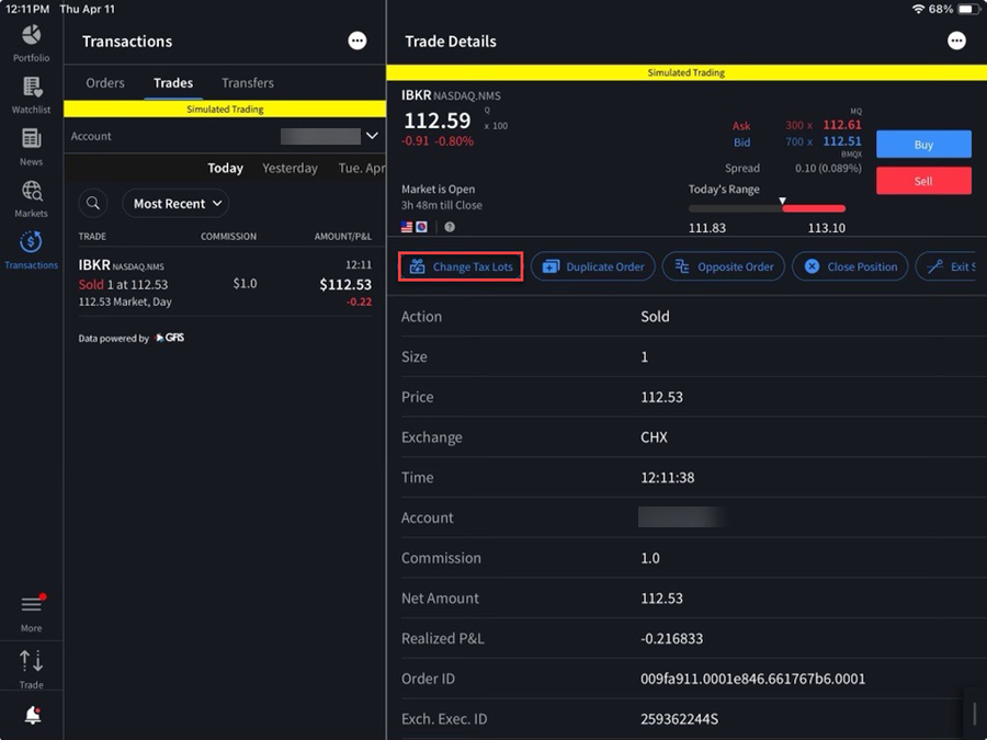 The changetax lots button on the iPad